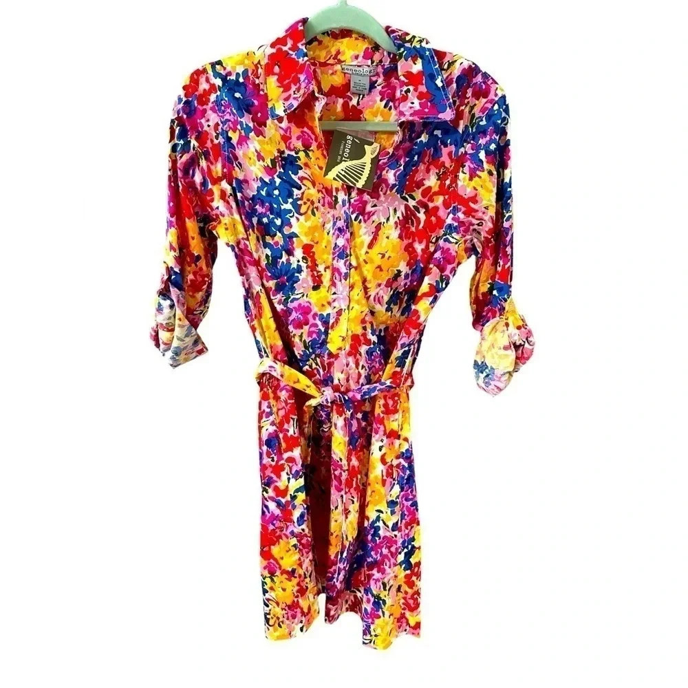 Bright Floral Shirt Dress
Tie Waist Roll Tab Sleeve
Colorful Midi Dress